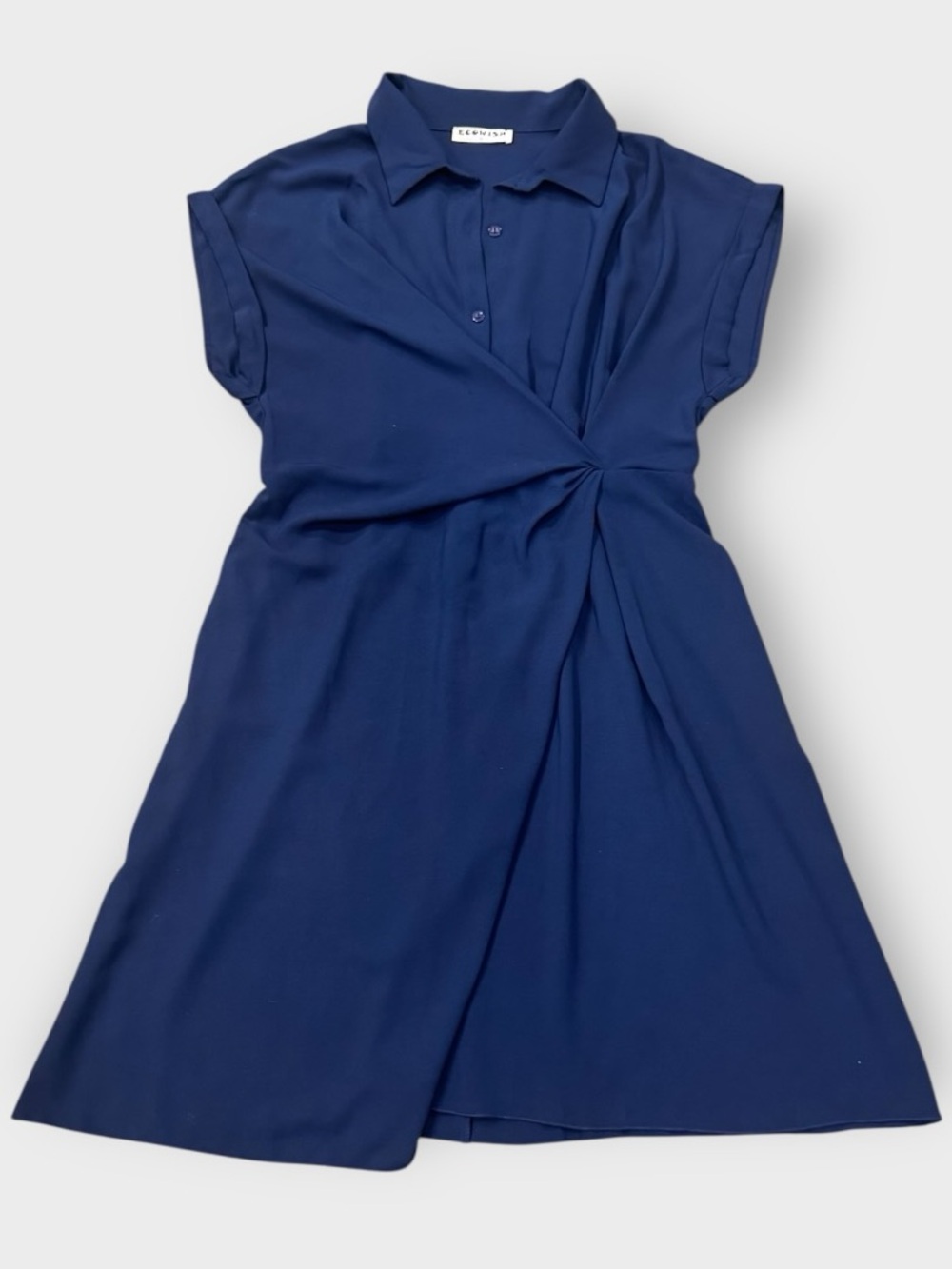 ECOWISH Rich Navy Twist Front Shirt Dress Collared Faux Wrap A-Line Dress XL